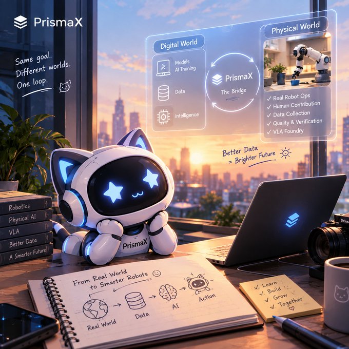 A promotional graphic for 'PrismaX' featuring a cute white robot character with star eyes, illustrating the connection between the Digital World and Physical World with text 'Same goal. Different worlds. One loop.'