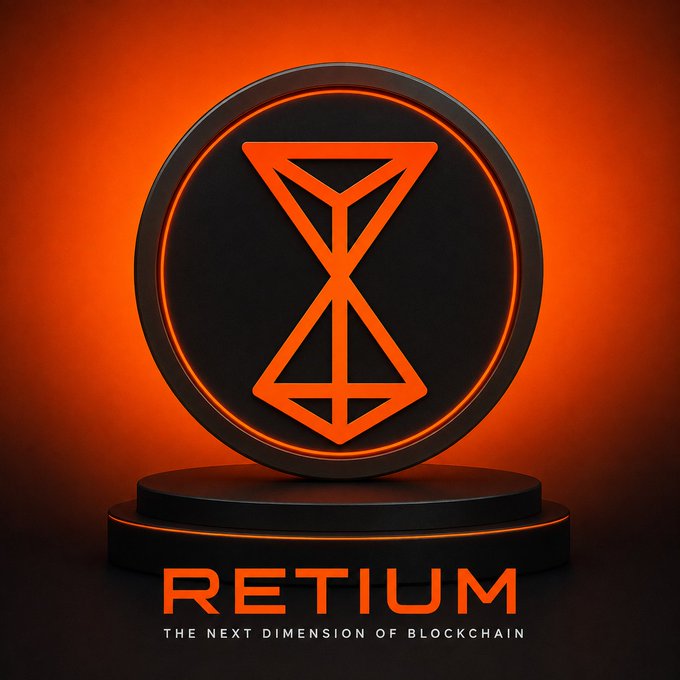 A glowing orange and black circular emblem with an hourglass-like symbol, labeled 'RETIUM - THE NEXT DIMENSION OF BLOCKCHAIN'.