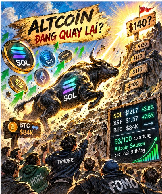 A vibrant AI-generated illustration about crypto titled 'ALTCOIN ĐANG QUAY LẠI?' (Altcoins Returning?) featuring a SOL-branded bull, coins for SOL, SUI, XRP, ETH, with prices like SOL $121.7 (+3.8%), XRP $1.57 (+2.6%), BTC $84K, and notes '93/100 coin tăng', 'Altcoin Season cao nhất 3 tháng', with traders labeled HODL, TRADER, and FOMO.