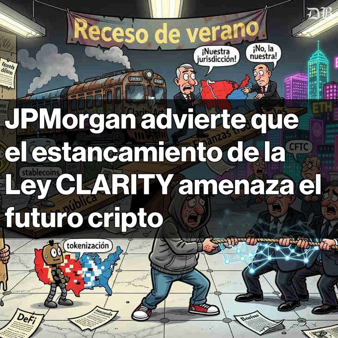 A political cartoon-style image with Spanish text reading 'JPMorgan advierte que el estancamiento de la Ley CLARITY amenaza el futuro cripto,' depicting regulatory tug-of-war over crypto between agencies like CFTC.