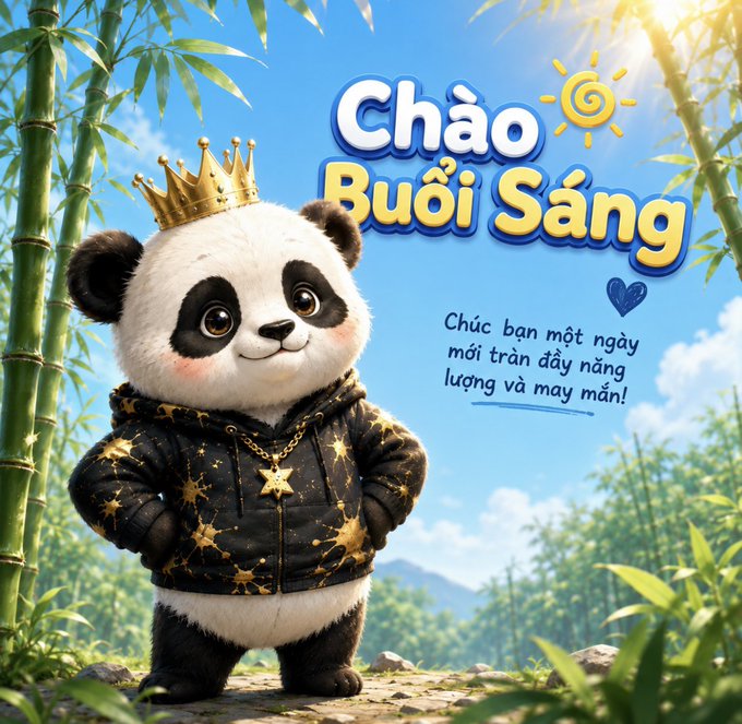 A digital illustration of a cartoon panda wearing a gold crown and a star-patterned black hoodie, with Vietnamese text reading 'Chào Buổi Sáng' (Good Morning) and a wish for a positive day.