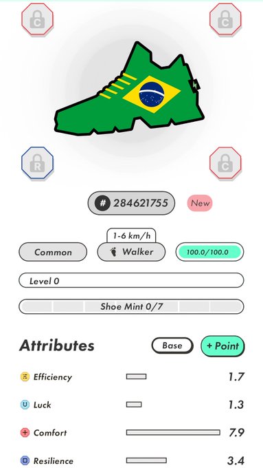 The image features a white background with a green shoe that has the Brazilian flag on it, along with a small screen displaying information about the shoe's attributes such as efficiency, comfort, and resilience. The caption of the image reads " 202 Stepn Around The World #stepn".