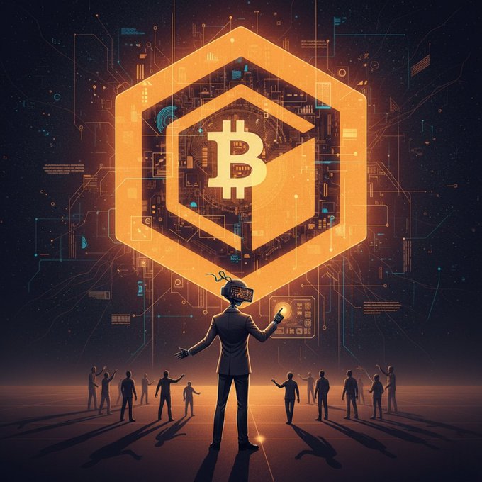 A figure wearing a VR headset interacts with a large glowing Bitcoin logo surrounded by circuit-like patterns, while a crowd of silhouetted people gathers below in a futuristic digital space. The image visually represents Core DAO's integration of Bitcoin's technology into immersive, next-generation decentralized applications, aligning with the post's emphasis on Core's proven infrastructure, Bitcoin staking, and BTCFi utility.