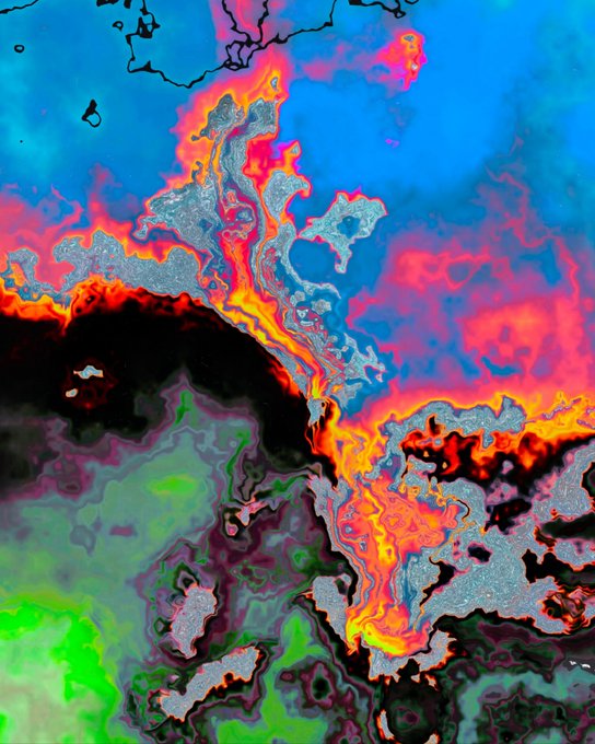 A vibrant abstract artwork features swirling streams of fiery orange, red, pink, blue, green, and black colors creating a marbled effect.