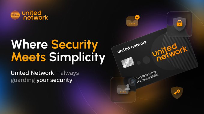 A promotional banner for 'United Network' with the tagline 'Where Security Meets Simplicity,' featuring a black cryptocurrency hardware wallet card alongside icons representing security, credit card, and key features.