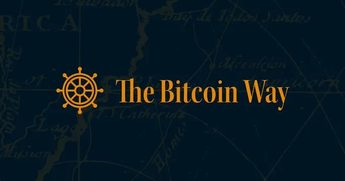 A logo featuring a ship's wheel next to the text "The Bitcoin Way" against a dark map background.