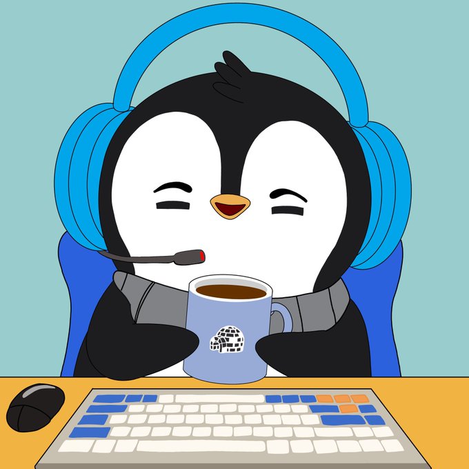 A cartoon illustration of a smiling penguin wearing blue headphones with a microphone, sitting at a desk holding a blue mug while in front of a keyboard and mouse.