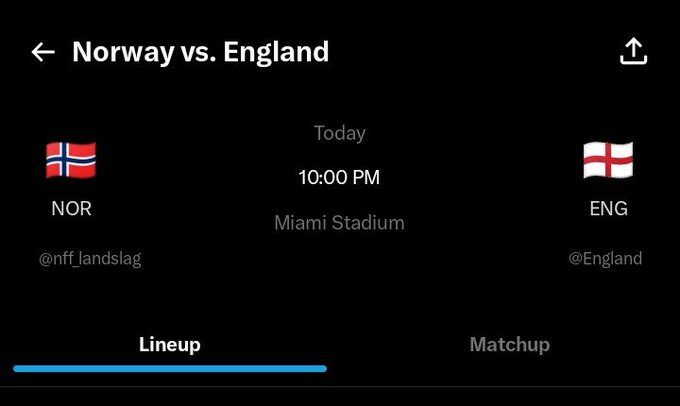 Sports app screen showing a matchup 'Norway vs. England' scheduled for Today at 10:00 PM at Miami Stadium, with team flags for NOR and ENG.