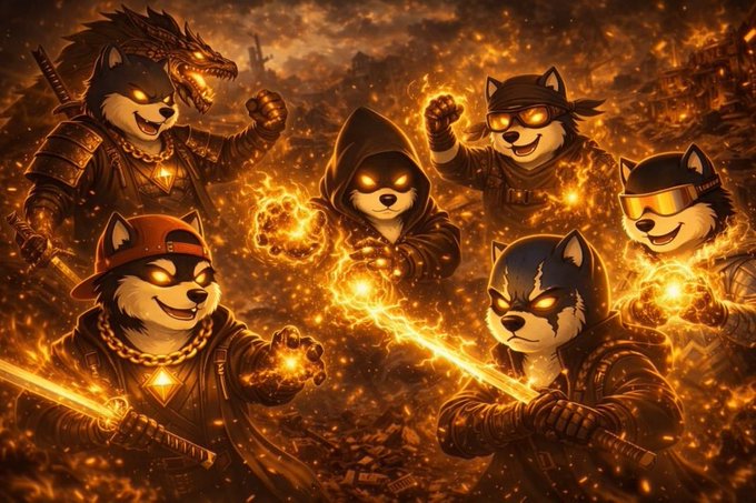 A fiery digital artwork featuring several anthropomorphic Shiba Inu dogs dressed as warriors and ninjas, wielding glowing swords and surrounded by flames and embers in a dark, epic setting.