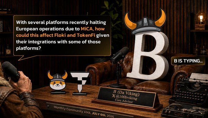 A community AMA graphic featuring a Viking-themed "B" logo and a question bubble asking how MiCA-related halts in European operations could affect Floki (depicted by a Shiba dog mascot) and TokenFi (shown with a "TF" emblem), with a nameplate reading "B (Da Viking) X: @100bviking, Core Advisor" for the July 6th, 2026 session.