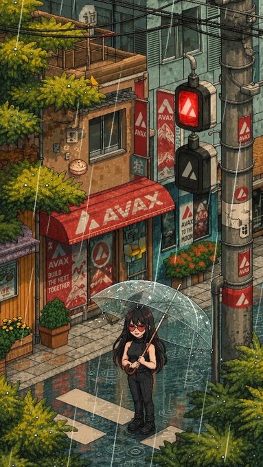 An anime-style illustration depicts a girl with long dark hair holding a clear umbrella in the rain outside a shop prominently displaying "AVAX" branding and a triangular logo.