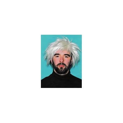 A portrait of a man wearing a messy white wig and black turtleneck against a teal background.