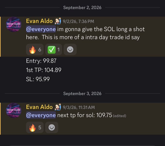 A Discord screenshot from Evan Aldo shows his SOL long trade call posted on September 2, 2026, with an entry of 99.87, first take profit at 104.89, and stop loss at 95.99, followed by an update on September 3 announcing a second take profit target at 109.75, supporting the accompanying post's claim of sharing profitable SOL, BTC, ETH, and LINK longs in advance to his Discord members.