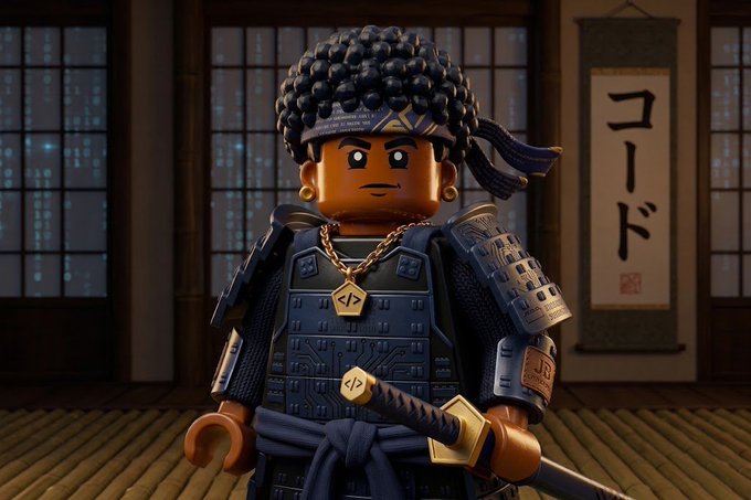A LEGO samurai minifigure in blue and silver armor stands in a traditional Japanese room with a katana at its side.