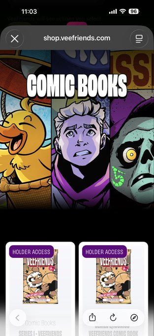A mobile screenshot from shop.veefriends.com showing a "Comic Books" section with Holder Access NFT comic covers, featuring characters like a duck, a purple-cloaked figure, and a skeleton.