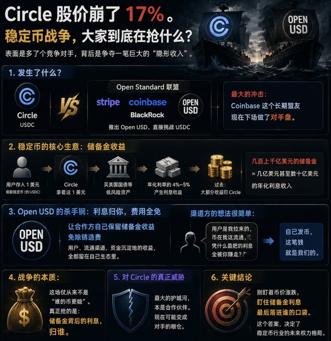 A Chinese-language infographic about Circle's stock falling 17% and the stablecoin war, featuring logos for Circle (USDC), Stripe, Coinbase, BlackRock, and Open USD, explaining the competition over reserve interest income.