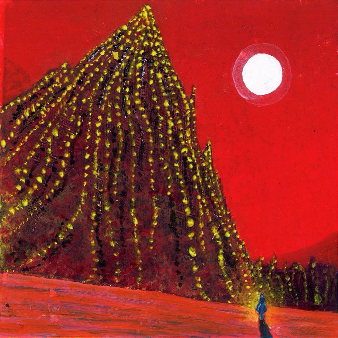 A vivid painting of a towering, yellow-speckled mountain against a bright red sky with a white sun, with a tiny solitary figure standing on the path below.