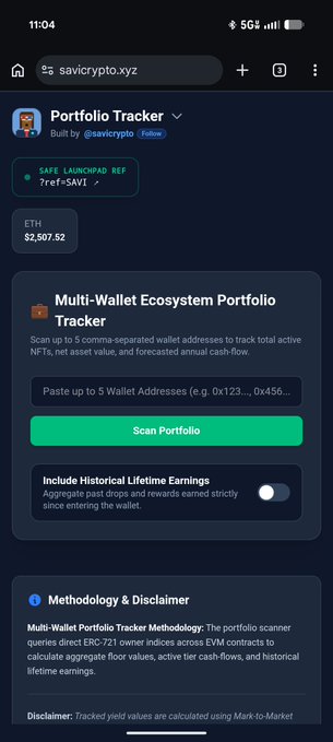 A mobile screenshot of the 'Portfolio Tracker' tool on savicrypto.xyz, showing an ETH balance of $2,507.52 and options for a Multi-Wallet Ecosystem Portfolio Tracker.
