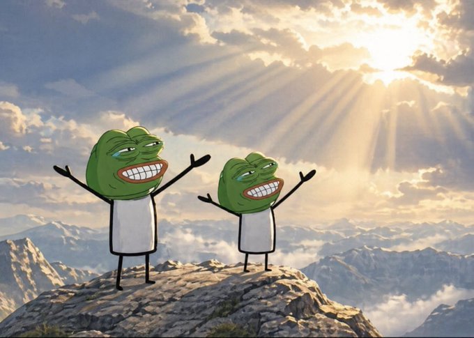 Two crying Pepe the Frog characters standing on a mountain peak with their arms raised towards a dramatic, sunlit sky.