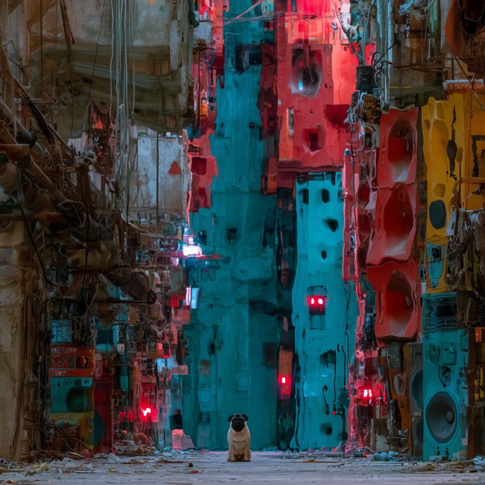 A small pug sits in the center of a highly detailed, colorful cyberpunk-style alleyway filled with neon lights, speakers, wires, and stacked structures.