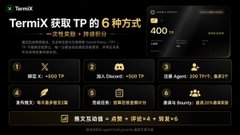 An advertisement for TermiX in Chinese, displaying six ways to obtain TP (tickets) with a reward of up to 400, featuring icons for activities like Discord, Agent, and Bounty.
