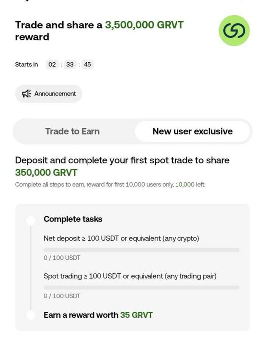 A cryptocurrency promotion offering a 3,500,000 GRVT reward for completing trades, with a countdown timer and tasks including a net deposit and spot trading of 100 USDT.