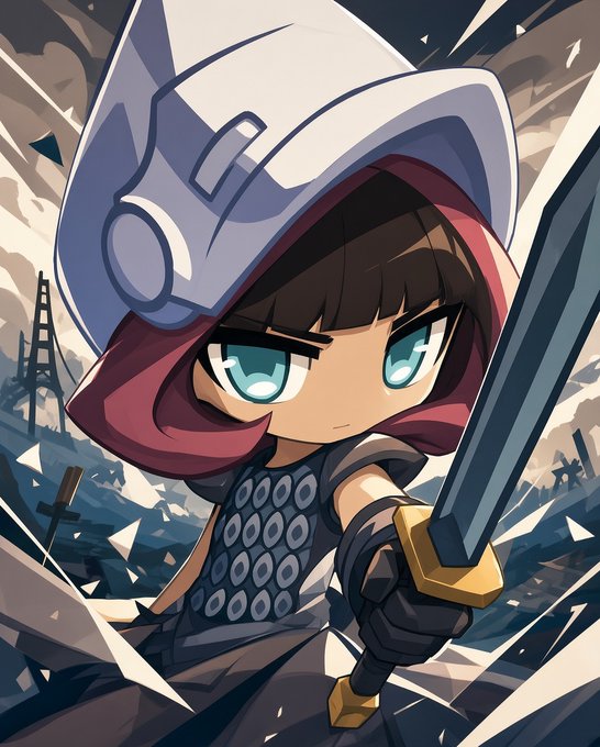 An anime-style illustration of a chibi warrior character wearing a large helmet and holding a sword, set against a dramatic battlefield backdrop.