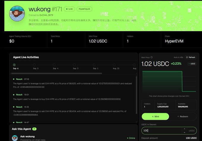 A webpage for 'wukong #171', a Live agent on the Hyperliquid platform created by 0x0044...3f79, showing trading metrics, a mint price of 1.02 USDC, and live agent activities on the HyperEVM chain.