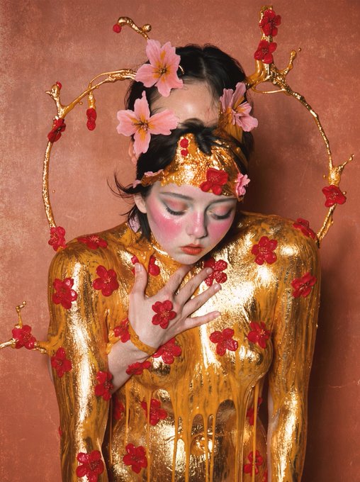 An artistic portrait shows a woman covered in metallic gold body paint and decorated with red flowers, branches, and a pink flower headdress.