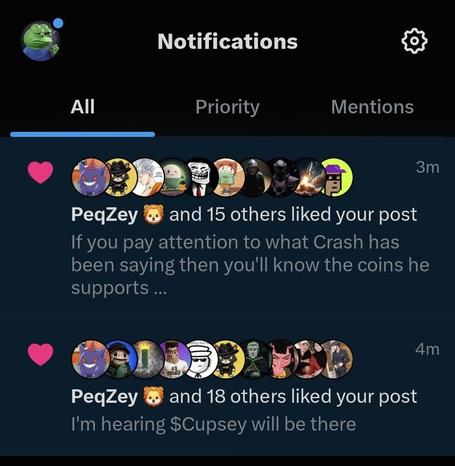 A mobile app notifications screen showing 'PeqZey and 15 others liked your post' with preview text about 'Crash' and coins, and another notification about '$Cupsey will be there.'