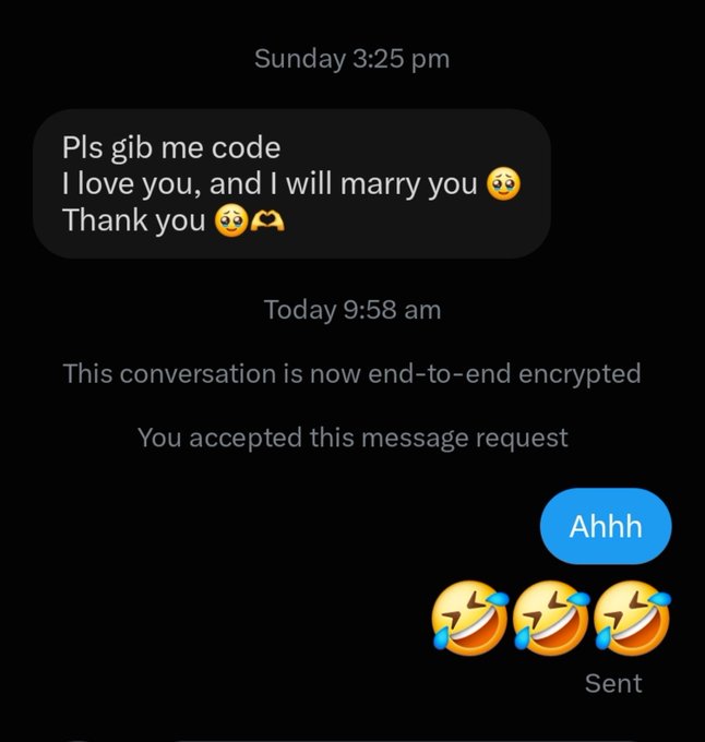 A screenshot of a text message conversation where someone jokingly offers marriage in exchange for a code, prompting an overwhelmed "Ahhhh" reply followed by three laughing-crying emojis. The message humorously escalates a simple request into an over-the-top proposal.