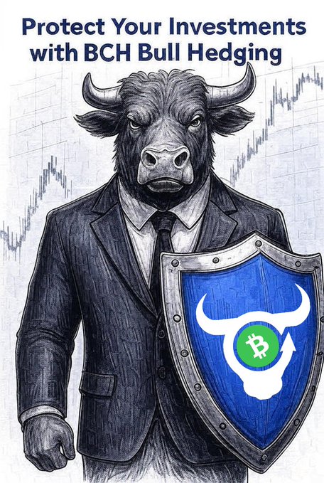The image features a cartoon bull with horns, dressed as a businessman wearing a suit and tie while holding a shield that has a Bitcoin symbol on it. The text at the bottom of the image reads "Protect Your Investments With BCH Bull Hedging".