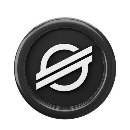 A circular black button or icon featuring a stylized 'S' or dollar sign with a diagonal line through it, resembling the Stellar (XLM) cryptocurrency logo.