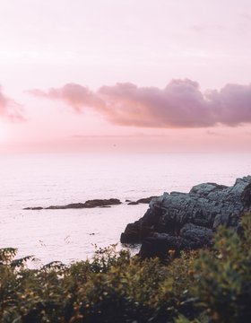 A serene coastal scene bathed in soft pink and purple hues of dawn, with rocky cliffs and ocean waves gently meeting the shore. The "Morning Light gm" caption perfectly captures the tranquil, pastel-toned atmosphere of this peaceful seaside sunrise.