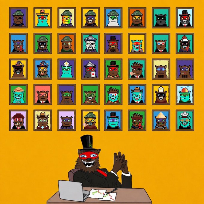 A clever-looking bear in a top hat sits at a desk with a laptop, presiding over a gallery wall of 40 pixelated bear portraits—many wearing accessories like crowns, hats, and glasses—with several frames displaying "589." The artwork visually embodies the "GM GM GM" greeting by showcasing a diverse collection of bear characters alongside the $BEAR/XRPL/XRP branding.