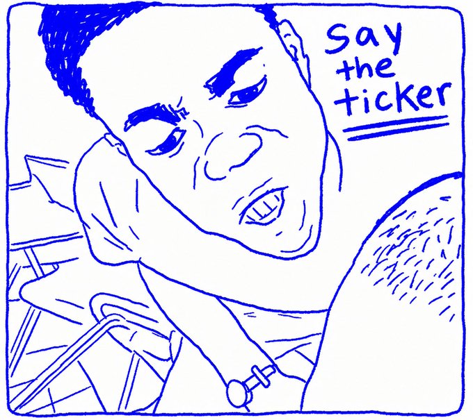 A blue ink doodle shows a cartoon man with a strained expression, clenching his teeth, with the handwritten text "say the ticker" appearing next to his head, illustrating the post's message urging crypto users to openly share the ticker symbol of a Base ecosystem runner instead of gatekeeping the opportunity.