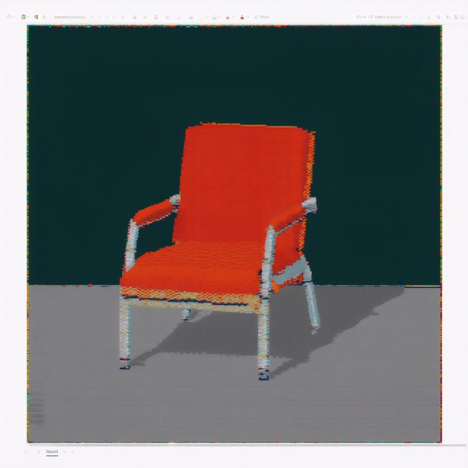 A pixelated 3D rendering of a red chair with silver metal legs displayed on a dark green background within a digital art software interface.