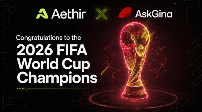 An Aethir X AskGina promotional graphic featuring a glowing World Cup trophy with the text 'Congratulations to the 2026 FIFA World Cup Champions.'