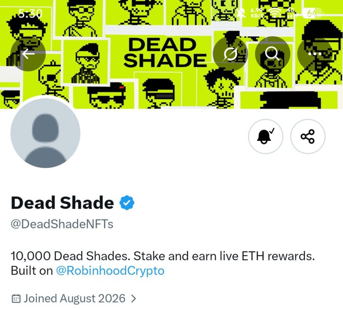 A Twitter/X profile page for 'Dead Shade' (@DeadShadeNFTs) featuring yellow pixel art characters as the banner, with bio: '10,000 Dead Shades. Stake and earn live ETH rewards. Built on @RobinhoodCrypto' - Joined August 2026.