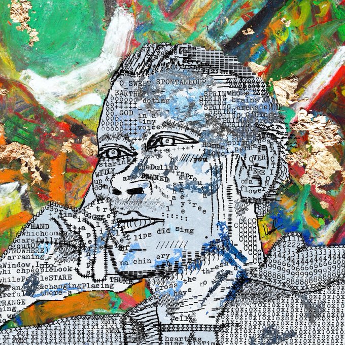 A colorful mixed-media portrait artwork of a man's face, composed of text characters and overlaid with blue, green, and orange paint.