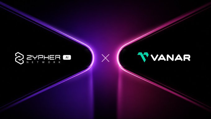 A corporate partnership graphic displaying the logos of "ZYPHER NETWORK AI" and "VANAR" separated by an "X" symbol against a purple and black neon background.