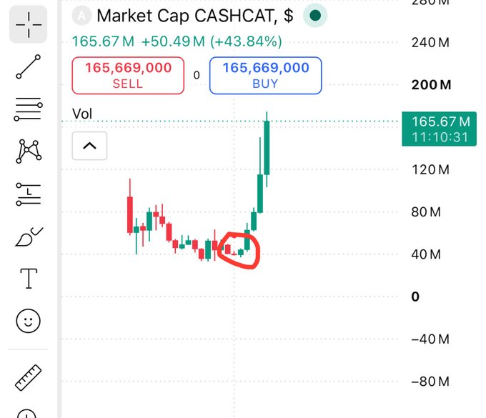 A candlestick chart displays $CASHCAT's market cap with a circled section near 40M-50M, illustrating the price point 4 days prior that insiders allegedly knew about before listing on Robinhood at 165.67M. The chart shows a dramatic recent spike coinciding with the public listing announcement.