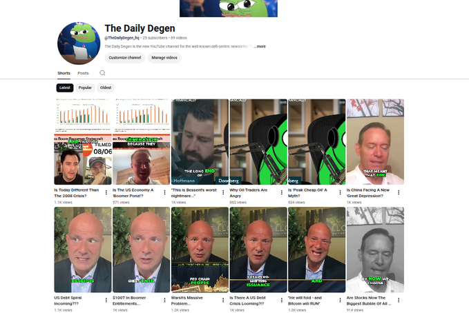 YouTube channel page for "The Daily Degen" (@thedailydegen_hq) featuring a profile picture of a cartoon frog and showcasing various short video clips with titles like "Is Today Different Than The 2008 Crisis?", "In The US Economy A Boomer Ponzi?", and "Why Oil Traders Are Angry," with view counts ranging from approximately 88K to 374K views, supporting the post's message about the new channel sharing crypto and macro video clips.