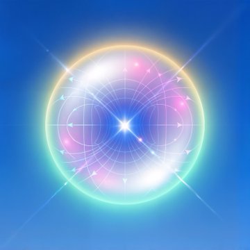 A colorful digital illustration of a glowing portal or orb against a bright blue sky, featuring radiating light rays, a rainbow halo, and a starburst pattern at its center.
