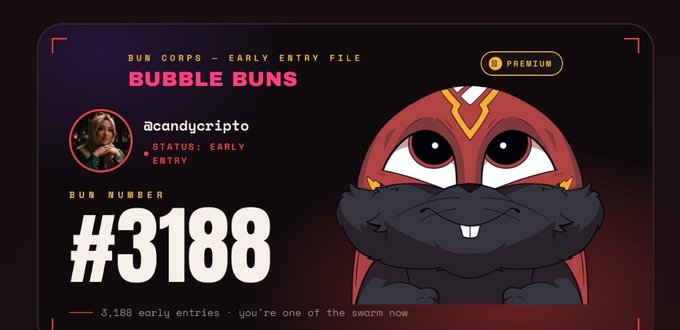 A digital certificate showing "@candycrypto" as an early entry holder of Bun Number #3188 for the "Bubble Buns" project under Bun Corps, featuring a cartoon bunny mascot in red and black attire. The "PREMIUM" badge and prominent number visually reinforce the user's claim of securing an early spot with verification code BB-EYG2 in the Bubble Buns alpha.