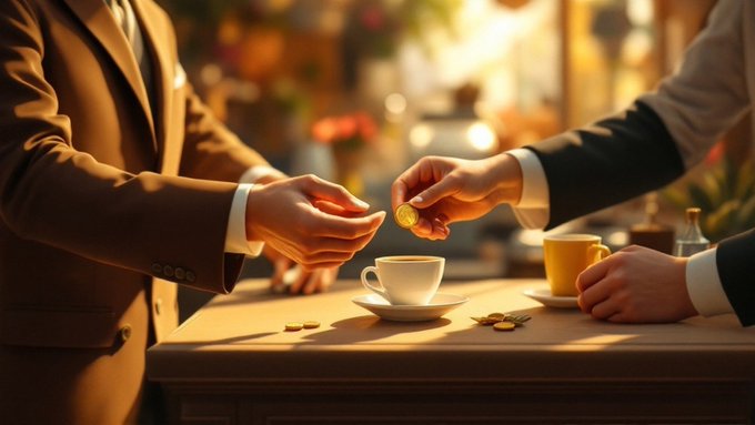 The image shows two men sitting at a table, each holding a coin. One of them is placing a coin into another man's cup while they both hold their cups of coffee. The scene takes place in front of a window with a vase on the windowsill and a bottle nearby.