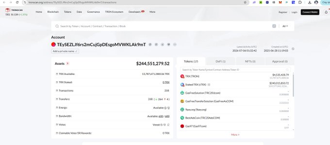 The image shows a TronScan blockchain explorer page for the account "TEy5EZJf6rs2mCUjGpDEsgsMYWKLAk9mT" displaying a TRX balance of $244,551,279.52 and various token holdings. This relates to the post by illustrating the on-chain treasury wallet holding significant TRX assets, providing visual evidence of Tron Inc.'s substantial long-term crypto holdings as discussed in the announcement.