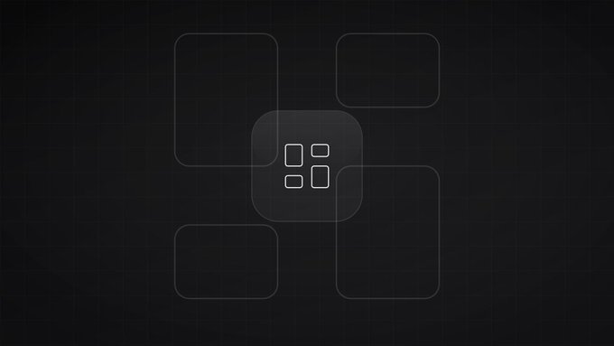 A minimalist dark graphic showing overlapping translucent rounded rectangles with a small four-square grid icon in the center.