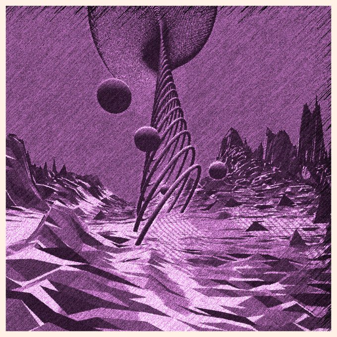 A purple-toned surreal alien landscape illustration featuring mysterious spirals, floating orbs, jagged mountains, and an otherworldly atmosphere in a vintage comic book art style.
