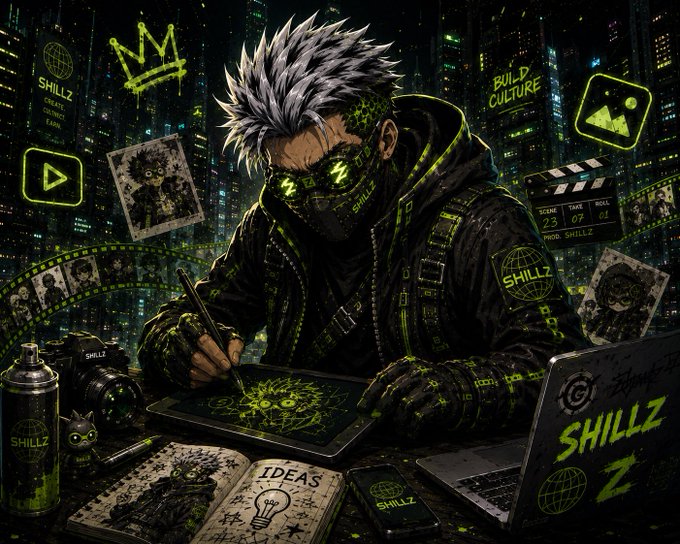 The image shows a stylized illustration of a masked, hoodie-wearing artist drawing on a digital tablet in a neon green and black cyberpunk aesthetic, surrounded by "SHILLZ" branded items including a spray paint can, laptop, phone, notebook labeled "IDEAS," and a clapperboard marked "SCENE 23 TAKE 07 PROD. SHILLZ," alongside floating elements like a crown logo, "BUILD CULTURE" text, and photo prints.

The artwork visually embodies the post's message about Shillz uncovering creative talent within communities, depicting an anonymous artist actively producing content amid the platform's branded ecosystem of creator tools.